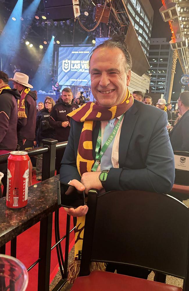 Peter V’landys with the scarf which was presented to him by Reece Walsh at the NRL Fan Fest in Las Vegas in 2024. Picture: Pete Badel