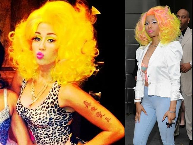 Miley Cyrus as Nicki Minaj. Picture: Miley Cyrus/Twitter; Getty Images