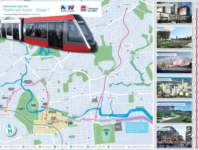 Map highlighting the new light rail route through Western Sydney. Picture: NSW Transport