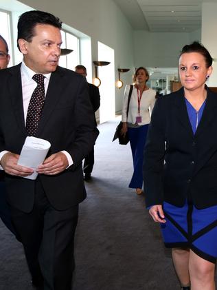 Independent Senator Nick Xenophon and Jacqui Lambie at Parliament House in Canberra today.