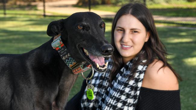 Lior Mileikowski with greyhound Willow at Princes Park in Caulfield South. Picture: Penny Stephens