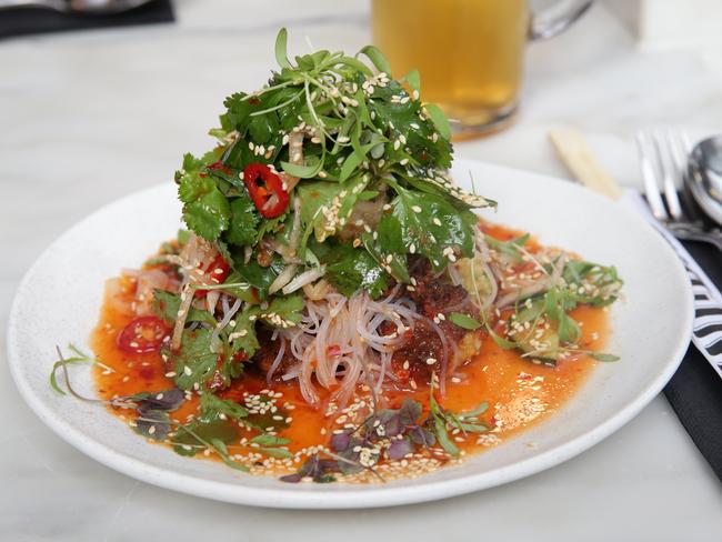 Salad of Shiso and Sesame Prawn dumplings red namh jim and glass noodles. Picture Andrew Tauber