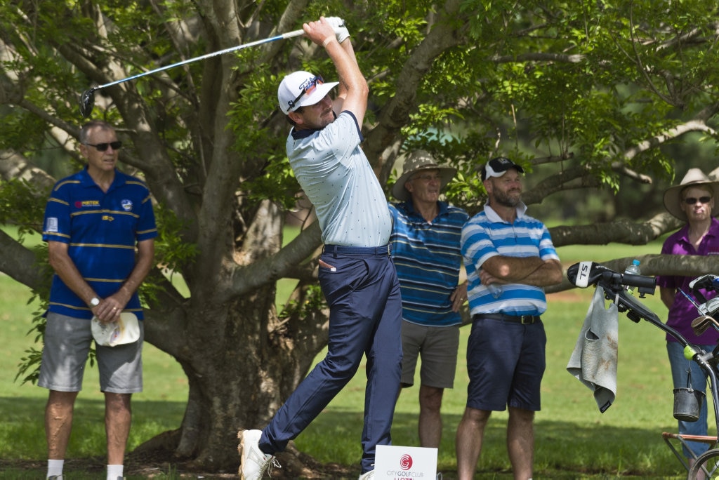 Callan O'Reilly tees off from the tenth in round three of the Queensland PGA Championship at City Golf Club, Saturday, February 15, 2020. Picture: Kevin Farmer