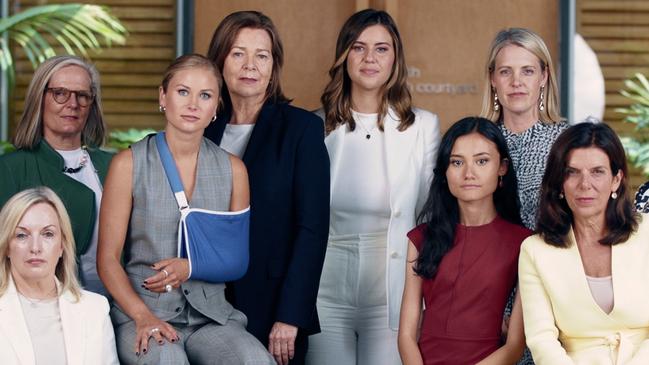 A big group of prominent women have called in a video for better women’s defence in Australia. From left, they include Christine Holgate, Lucy Turnbull, Grace Tame, Michele O'Neil, Brittany Higgins, Yasmine Poole, Georgie Dent and Julia Banks.