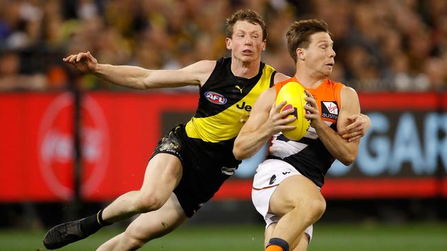 Richmond defender Dylan Grimes shuts down Toby Greene in 2017. Picture: Getty Images