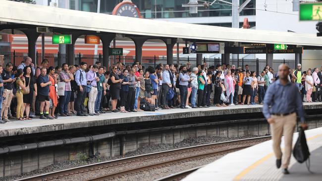 Crowds gathered at several stations around Sydney as trains were cancelled. Picture: John Grainger.