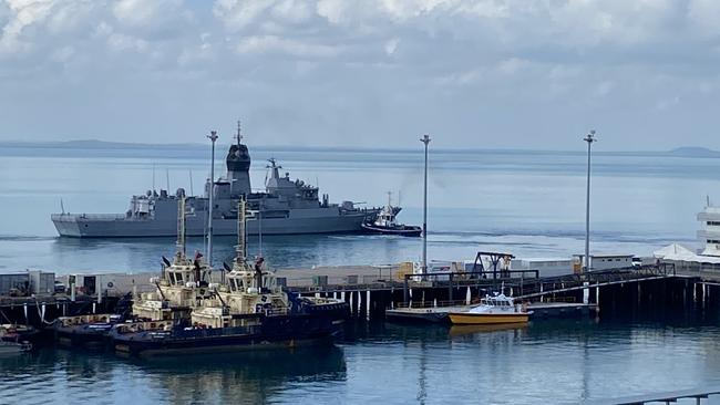 HMAS Arunta, an Anzac Class frigate, leaves the Port of Darwin for east Asia for a six-week deployment.