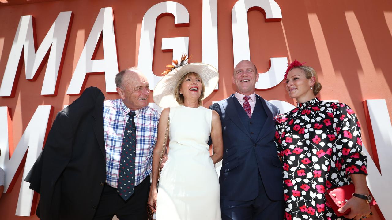 Gerry Harvey, Katie Page with Mike and Zara Tindall at the Magic Millions race day. Photo : Jason O'Brien