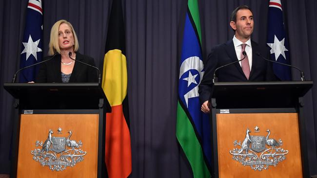 Finance Minister Katy Gallagher and Treasurer Jim Chalmers take questions at Parliament House in Canberra on Wednesday. Picture: Mick Tsikas