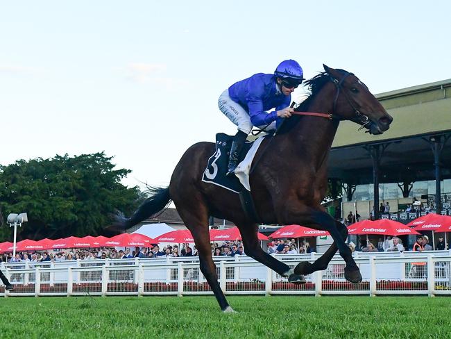 Vilana storms into Group 1 Stradbroke Handicap contention by scoring the Moreton Cup, giving jockey James McDonald his fifth win of the day at Eagle Farm. Picture: Grant Peters, Trackside Photography.