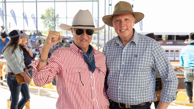 Federal MP Bob Katter alongside Peter Dutton at the 2024 Mount Isa Rodeo. Picture: Luke Marsden