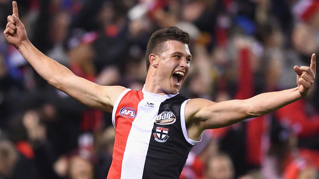 Rowan Marshall celebrates kicking a goal for the Saints. Picture: Getty Images