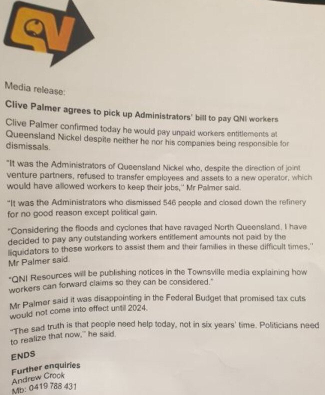 Clive Palmer's letter confirmeing he will pay Queensland Nickel staff their entitlements.