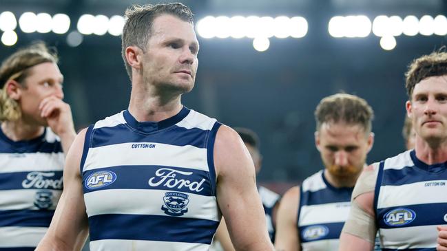 MELBOURNE, AUSTRALIA - MARCH 23: Patrick Dangerfield of the Cats looks on after a loss during the 2023 AFL Round 02 match between the Carlton Blues and the Geelong Cats at the Melbourne Cricket Ground on March 23, 2023 in Melbourne, Australia. (Photo by Dylan Burns/AFL Photos via Getty Images)