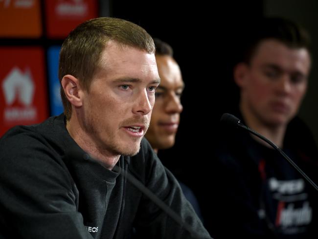 Pre-race TDU press conference. Rohan Dennis, Richie Porte, Mads Pedersen. Picture: Tricia Watkinson