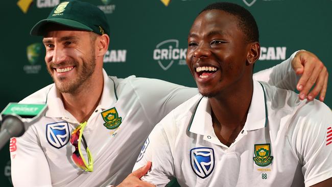 Faf du Plessis with star youngster Kagiso Rabada after beating Australia. Picture: Getty Images