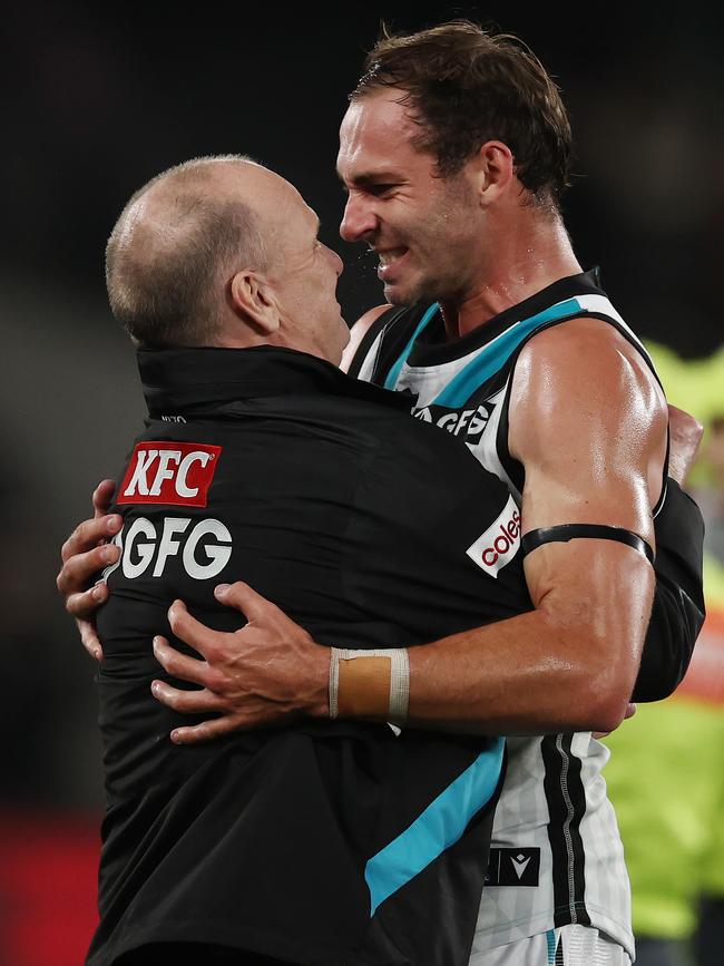 Finlayson and Hinkley after he helped the Power to a big win over St Kilda. Picture: Michael Klein