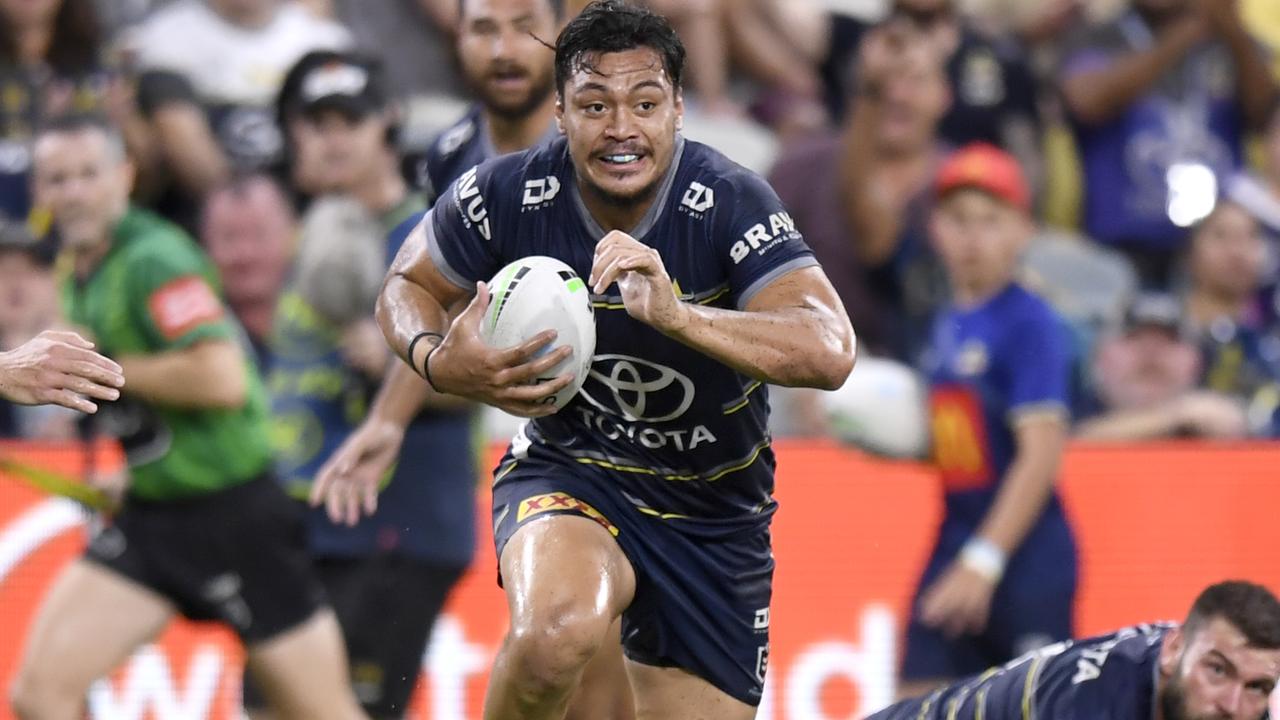 NRL 2022 RD09 North Queensland Cowboys v Newcastle Knights - Jeremiah Nanai, Try. Picture: NRL Photos