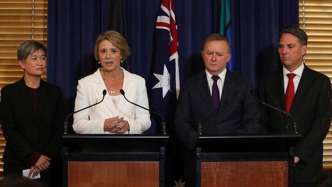 Labor's Senate Leader Penny Wong, Labor Deputy Leader in the Senate Kristina Keneally, Opposition Leader Anthony Albanese and Deputy Opposition Leader Richard Marles at Parliament House House on Thursday. Picture: Kym Smith