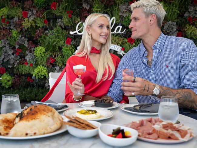 Western Bulldogs star Rory Lobb and his fiance Lexi Mary celebrating Valentine's Day on the Rooftop at the Stella restaurant in South Yarra. Picture: Tony Gough