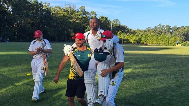 Chathura Imbulagoda is chaired off by teammates after scoring 234 for Officer in the CCCA. Picture: Supplied.