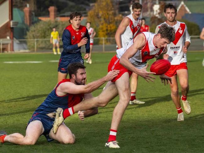 TSL North Hobart vs Clarence at North Hobart Oval, North Hobart - Bailey Walker (North Hobart) and Max Mapley (Clarence). PIcture: Caroline Tan