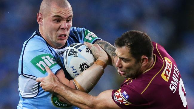 David Klemmer is tackled by Cameron Smith during Origin 2017.