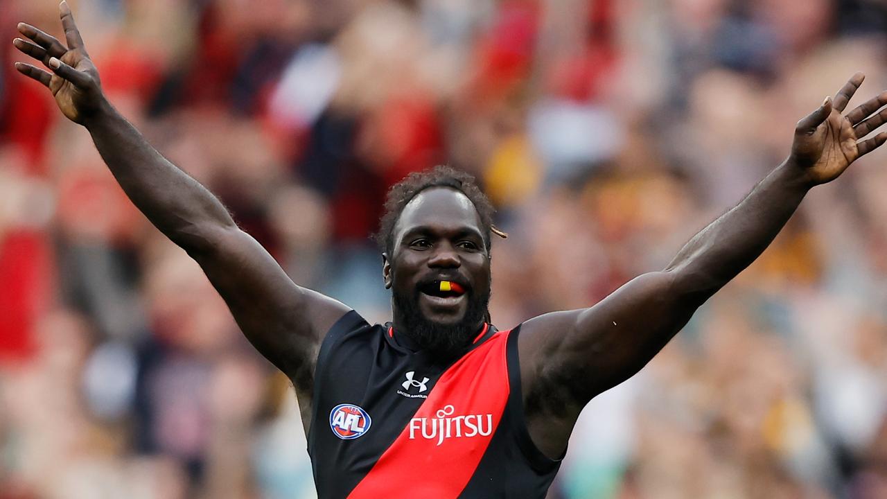 Anthony McDonald-Tipungwuti celebrates his goal in his return to AFL football. Picture: Getty Images