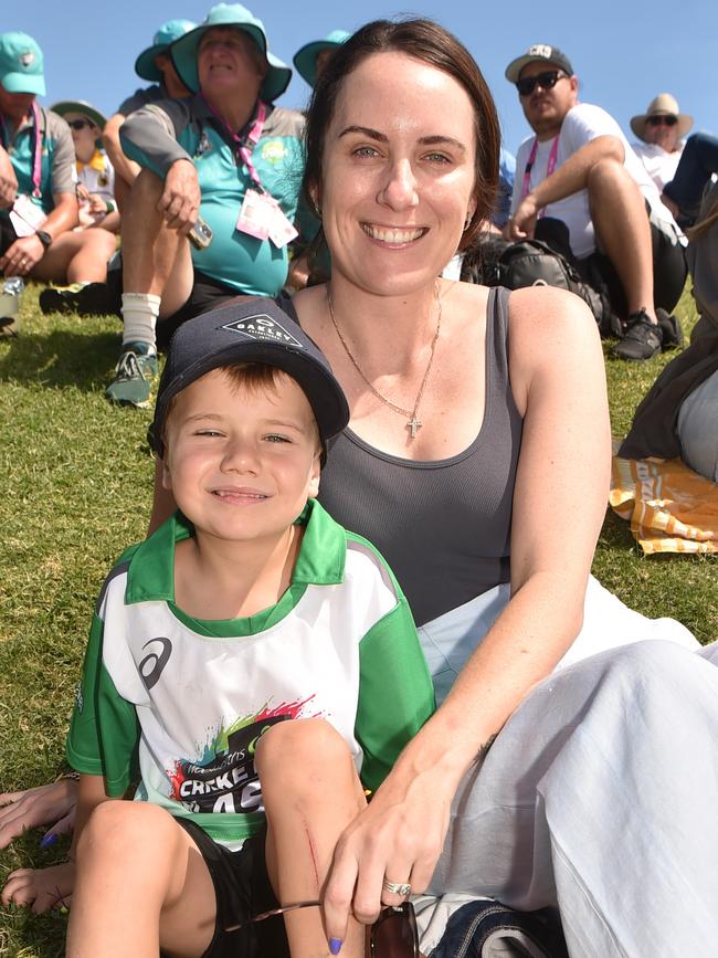 Game three of Dettol ODI series between Australia and Zimbabwe at Riverway Stadium. Sarsha Acton with Cayden, 6. Picture: Evan Morgan