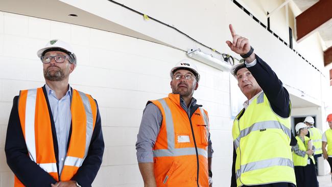 Premier Peter Gutwein alongside southern construction manager for Vos Mark Millhouse and CEO of the Tasmania JackJumpers Simon Brookhouse as Vos has been named the successful tender for stage 2 redevelopment of the DEC. Picture: Zak Simmonds