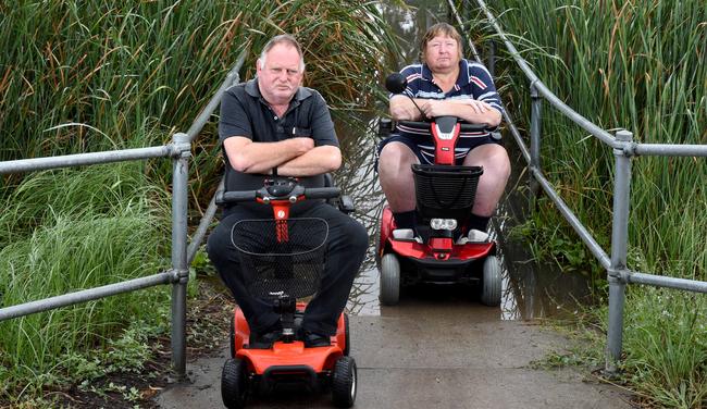 Russell Poulton and Laurence Hubbard couldn’t use the crossing last April due to flooding. Picture: Kylie Else