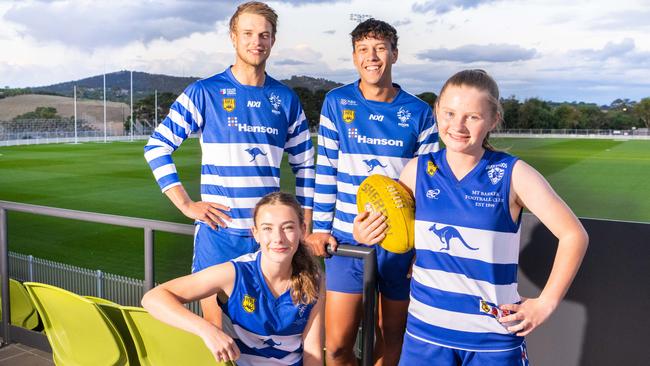 Mount Barker Football Club A-grade players Jordan Houlahan and Samuel Callins (back) and under-17s Taya Rogers and Emma Faber-Paul, both 14. Picture: Morgan Sette