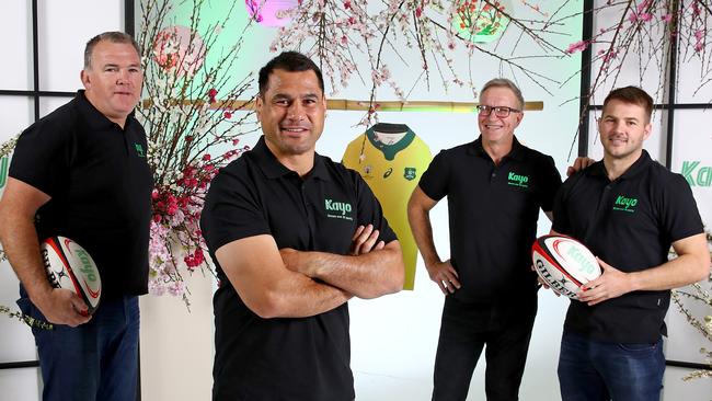 Former Wallabies L-R Owen Finegan, George Smith, Greg Martin and Drew Mitchell getting on board the Wallabies ahead of the World Cup in Japan. Picture: Toby Zerna