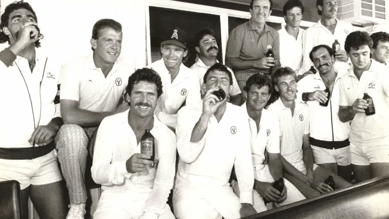 Australian cricket team drinking beer after a win.
