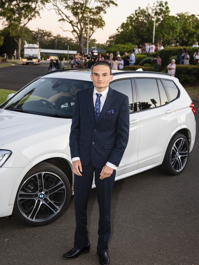 Brock Mills arrives at Harristown State High School formal at Highfields Cultural Centre, Friday, November 18, 2022. Picture: Kevin Farmer