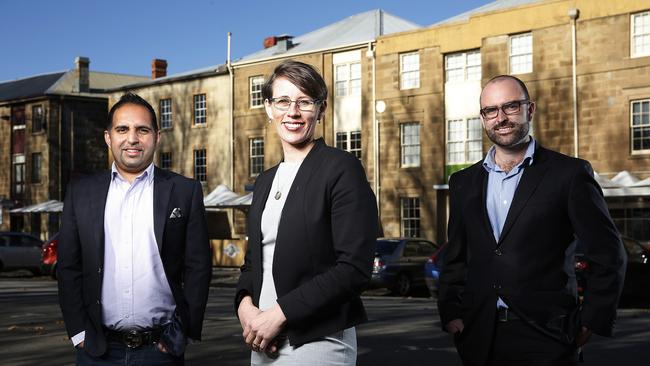 Members of Hobart business group Business Blindspot Tasmania, Raz Haroon, Rachael Downie and James Baker. Picture: Zak Simmonds