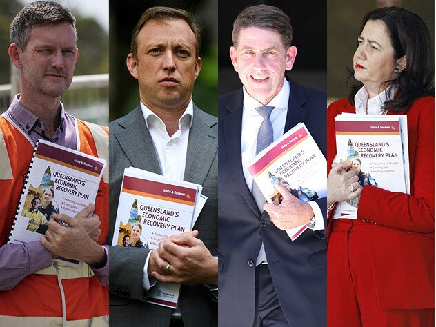 Mark Bailey, Steven Miles, Cameron Dick and Annastacia Palaszczuk with ‘the plan’.