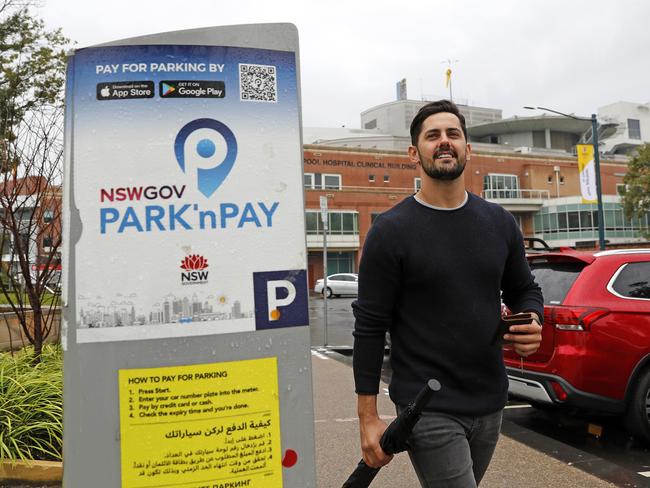 Park'nPay user Andy Lee used the NSW Government app to pay for parking while his wife was giving birth in Liverpool hospital. Picture: Toby Zerna