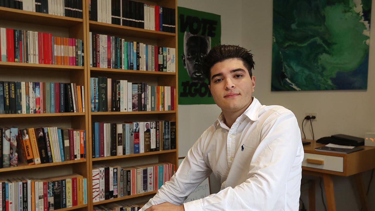 Drew Pavlou in his room at home. “My hope is that I can wake up people across the Left-Right divide.” Picture: Lyndon Mechielsen.