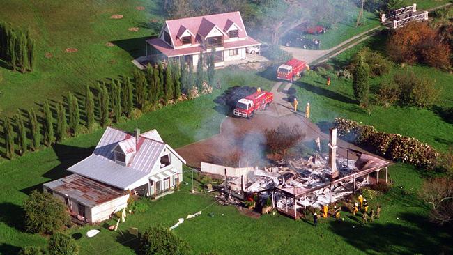 An aerial view of the smouldering Seascape guesthouse where Bryant locked himself away after the Port Arthur massacre.