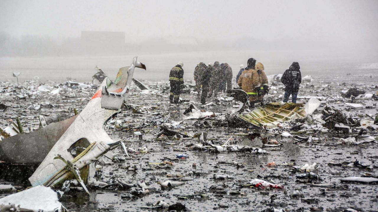 The crash of a FlyDubai passenger plane at Rostov-on-Don in March, 2016 was one of Russia’s deadliest recent air disasters. Picture: AFP/Russian Emergencies Ministry/STR