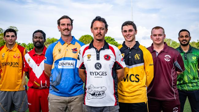 Darwin cricket representatives Max Hatzoglou (Tracy Village), Udara Weerasinghe (Waratah), Matt Hammond (Darwin), Tim Garner (Southern Districts), Michael Kudra (Nightcliff), Hamish Martin (Palmerston) and Jonathan Caderamanpulle (PINT) ahead of the 2023 season. Picture: Patch Clapp.