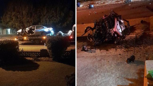 Shocking photos reveal the carnage of a Toowoomba crash involving an alleged stolen car. The car engine was found more than 20m away from the impact site. Picture: Supplied