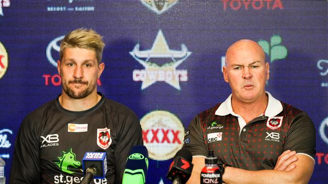 Gareth Widdop, Captain of the Dragons and Paul McGregor, Coach of the Dragons at the post game media conference after the Round 19 NRL match between the North Queensland Cowboys and St George Illawarra at 1300SMILES Stadium in Townsville, Saturday, July 21, 2018. (AAP Image/Michael Chambers) NO ARCHIVING, EDITORIAL USE ONLY