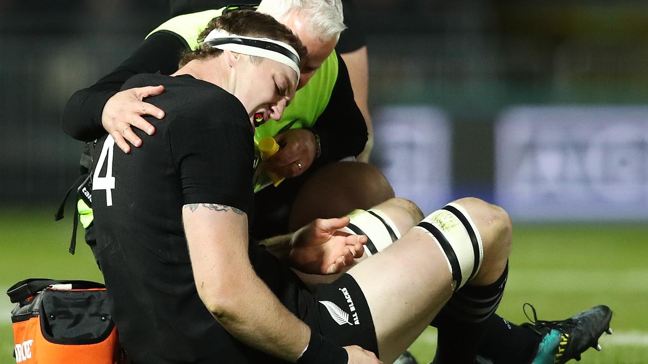 Brodie Retallick of the All Blacks sits injured at Trafalgar Park.