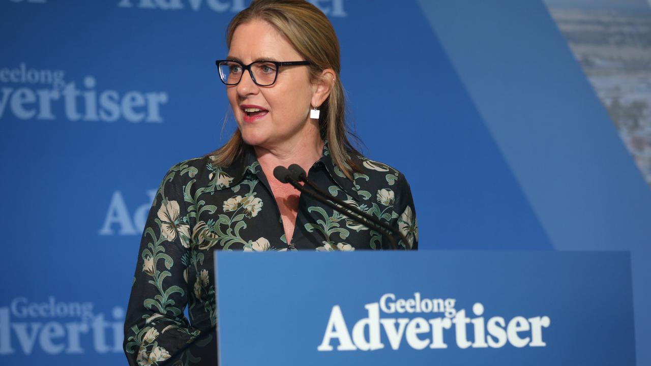 Premier Jacinta Allan speaking at Friday’s Future Geelong event. Picture: Alan Barber.