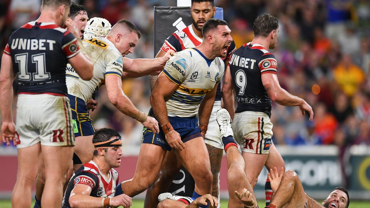 Ryan Matterson celebrates scoring against the Sydney Roosters. Picture: Albert Perez/Getty Images