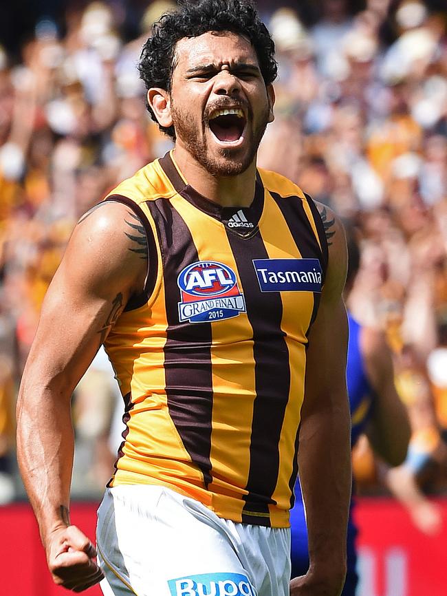 Cyril Rioli celebrates a goal during the 2015 Grand Final.