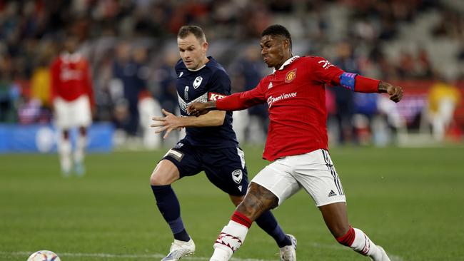 Marcus Rashford battles for the ball. Picture: Jonathan DiMaggio/Getty Images