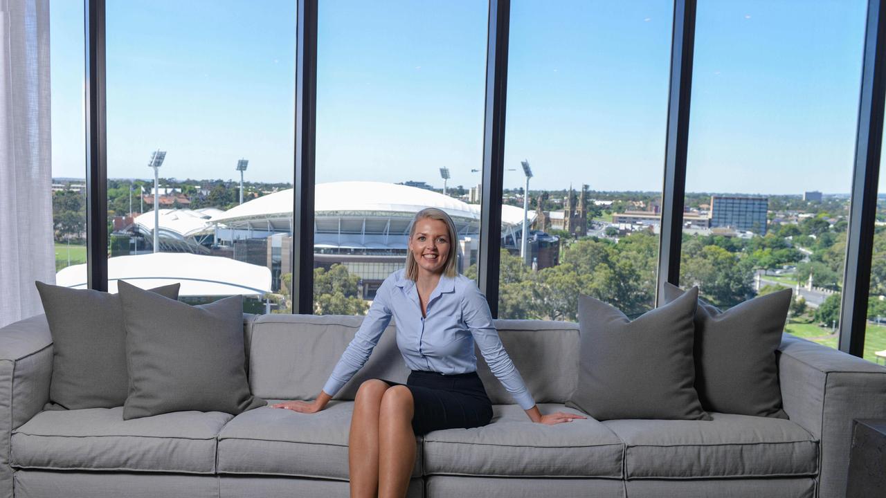 Hotel General Manager at Eos by SkyCity Jodi Brown in The Grace Villa with Adelaide Oval in the background. Photo: Brenton Edwards